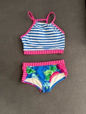 Girls Blue & Pink Striped Floral Two-Piece Swimsuit
